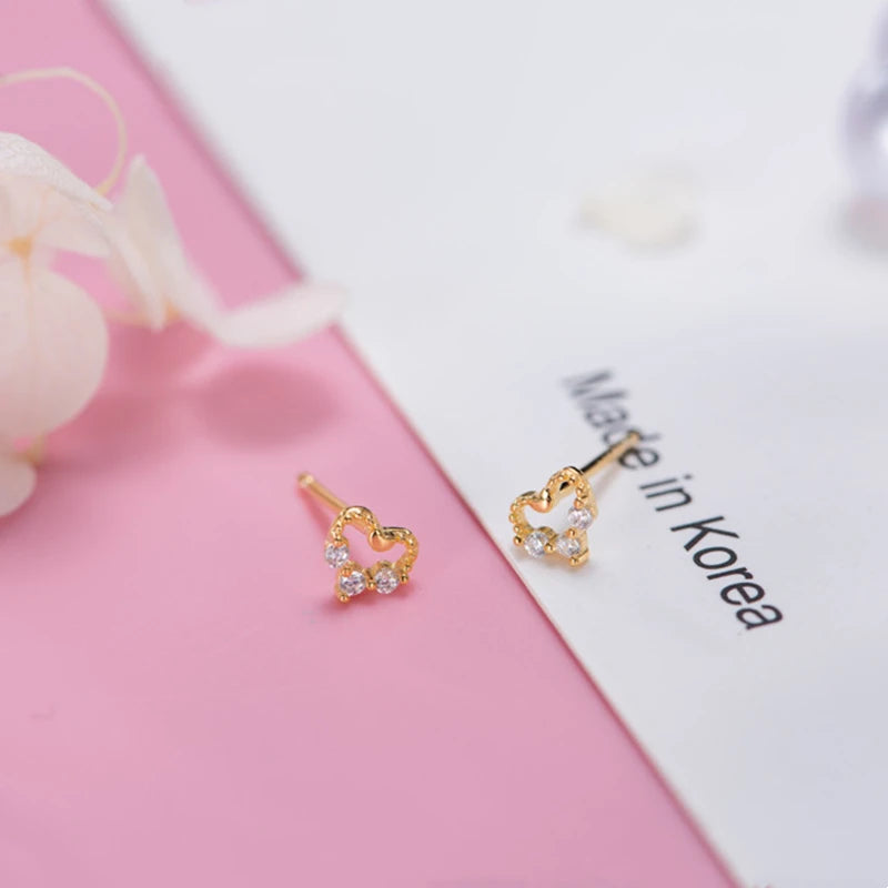 925 Silver Mini 3 Zircon Heart Stud Earrings Wedding Jewelry