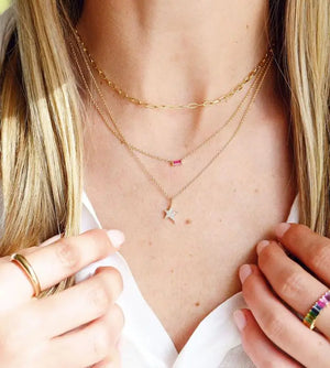 925 Silver Rectangle CZ Stone Necklace Thin Cross Chain Choker