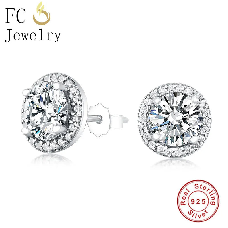 925 Silver Round Clear Zirconia Stud Earrings