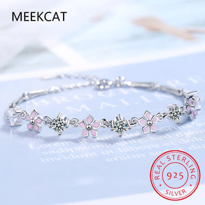 925 Silver Moissanite Sakura Bracelet Pink Enamel Women Gift