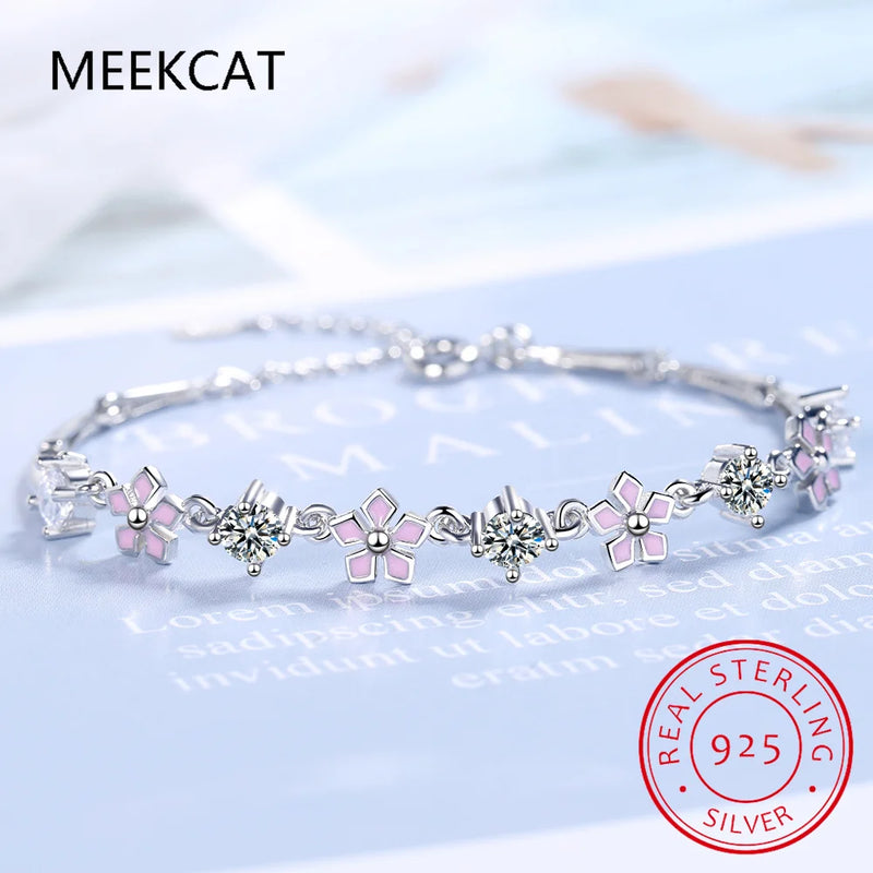 925 Silver Moissanite Sakura Bracelet Pink Enamel Women Gift