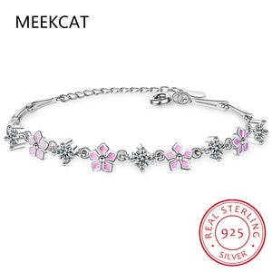 925 Silver Moissanite Sakura Bracelet Pink Enamel Women Gift