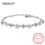 925 Silver Moissanite Sakura Bracelet Pink Enamel Women Gift