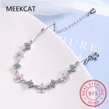 925 Silver Moissanite Sakura Bracelet Pink Enamel Women Gift