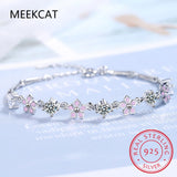 925 Silver Moissanite Sakura Bracelet Pink Enamel Women Gift