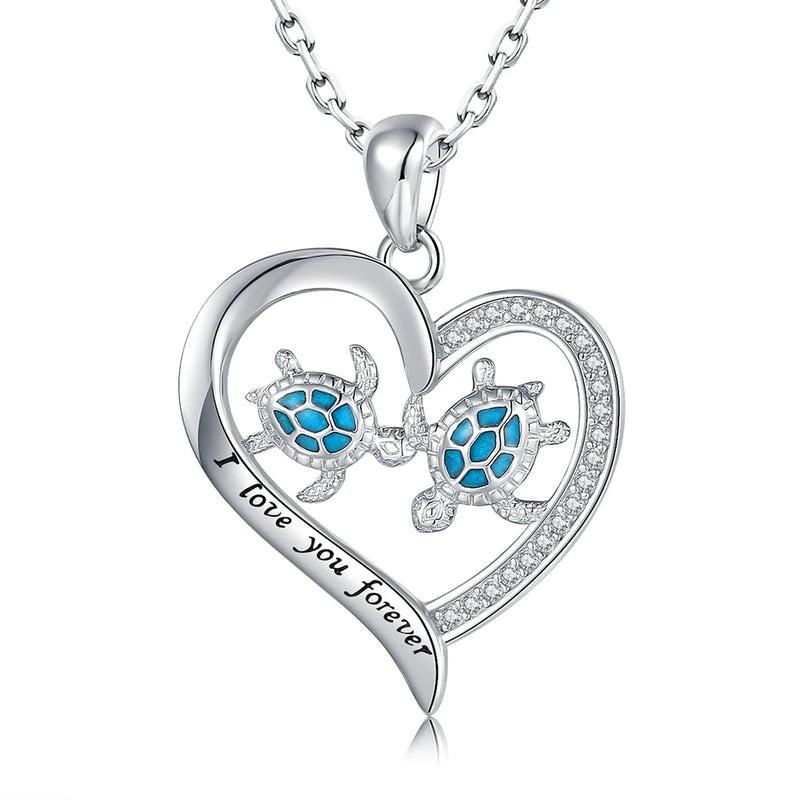 Mom and Daughter Sea Turtle Heart Pendant Necklace