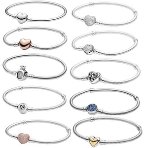 925 Silver Heart Snake Disc Clasp Bracelet Women Original Jewelry Gift