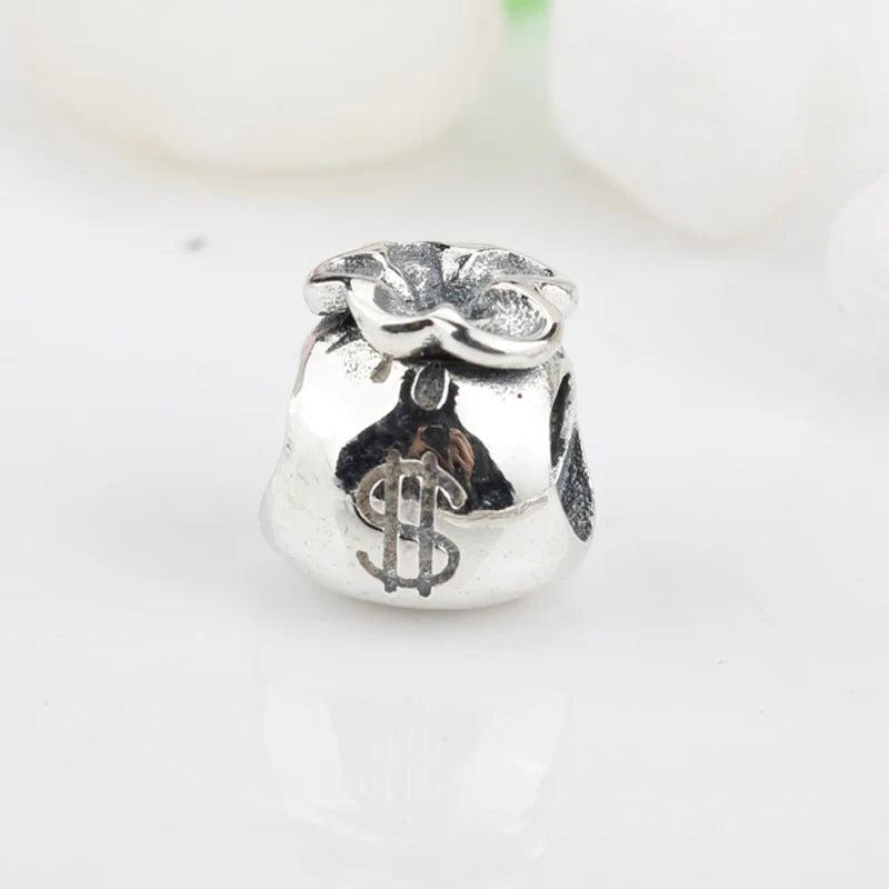 925 Sterling Silver Money Bags Charm Vintage Beads Fit Bracelet