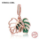 Sterling Silver Monstera Bead Green Leaf Zircon Plant Pendant Charm
