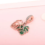 Sterling Silver Monstera Bead Green Leaf Zircon Plant Pendant Charm
