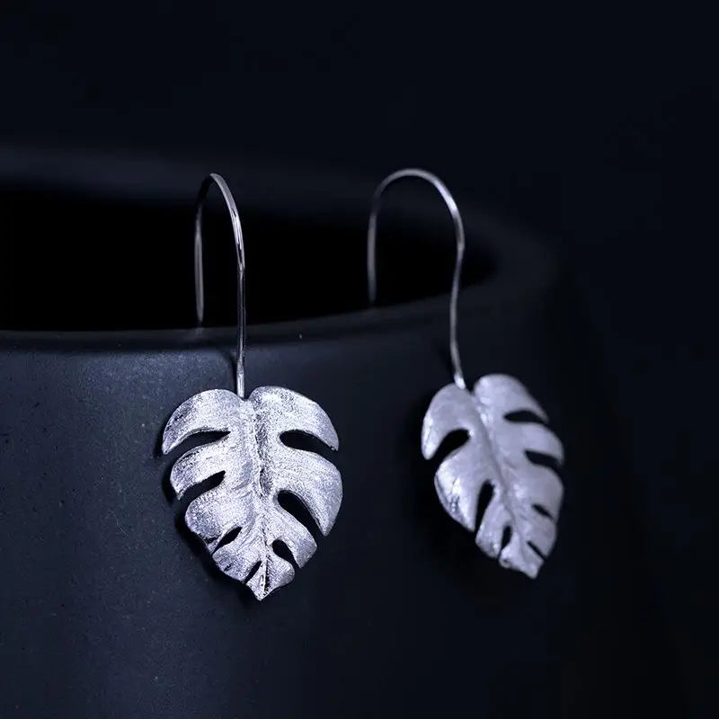 925 Silver Monstera Drop Earrings Ethnic Style Women 18k Jewelry