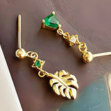 925 Silver Monstera Stud Earrings Green Zircon Leaf Asymmetrical Women's Jewelry