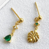 925 Silver Monstera Stud Earrings Green Zircon Leaf Asymmetrical Women's Jewelry