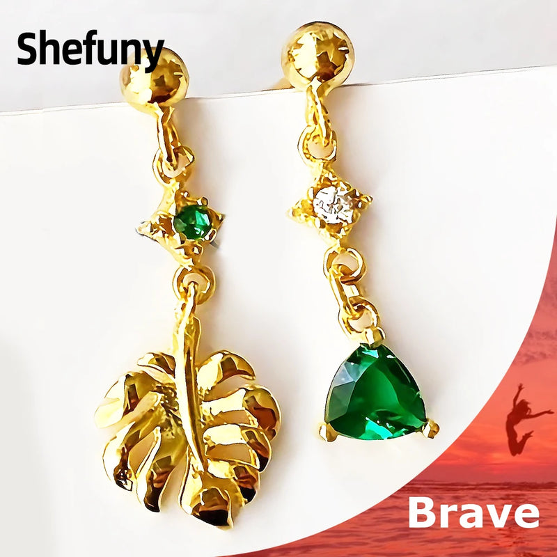 925 Silver Monstera Stud Earrings Green Zircon Leaf Asymmetrical Women's Jewelry