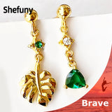 925 Silver Monstera Stud Earrings Green Zircon Leaf Asymmetrical Women's Jewelry