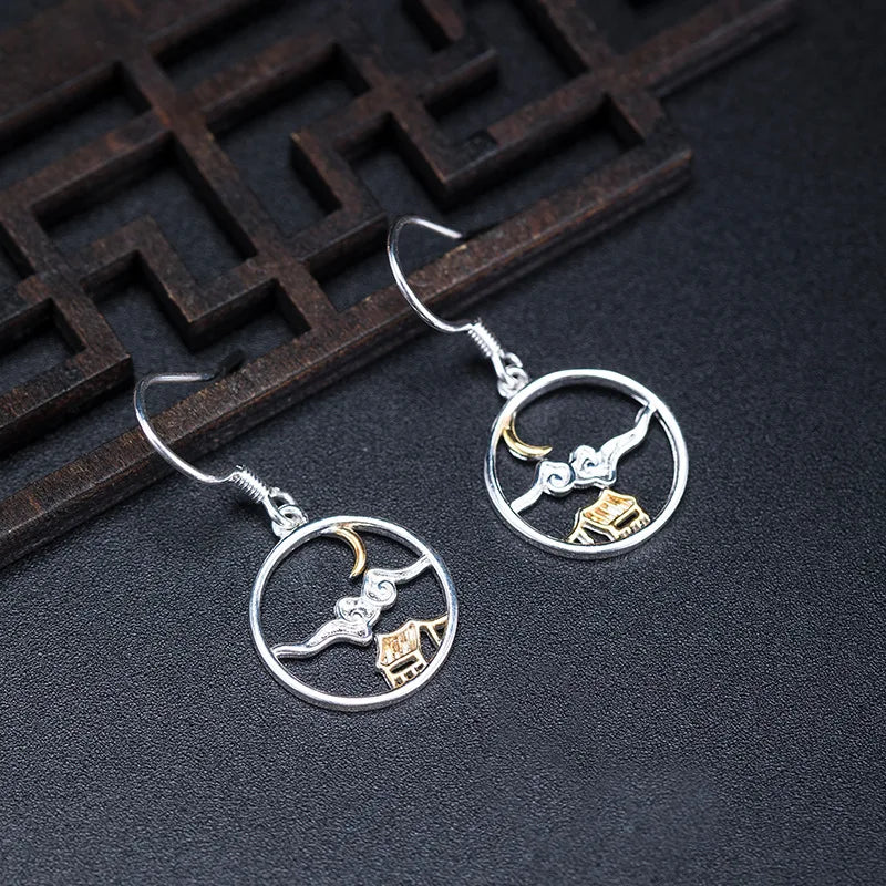 925 Silver Moon Cloud Drop Earrings Retro Style Lady Jewelry