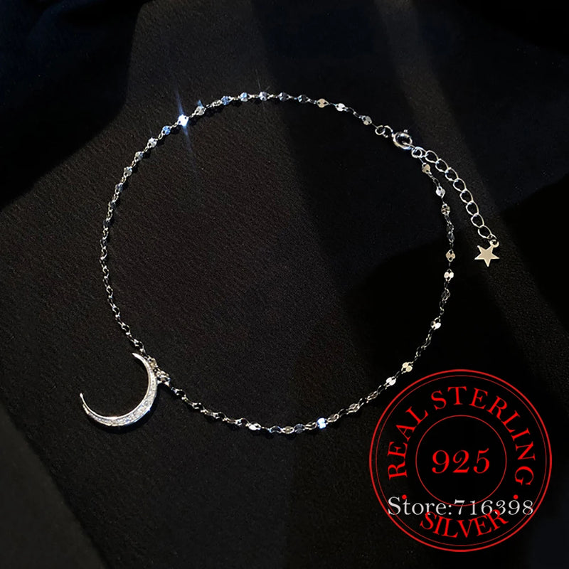 925 Silver Moon Anklet Bracelet CZ Dainty Meniscus Jewelry Beach Gift