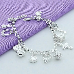 925 Sterling Silver Moon Heart Lock Cross Bracelet Charm