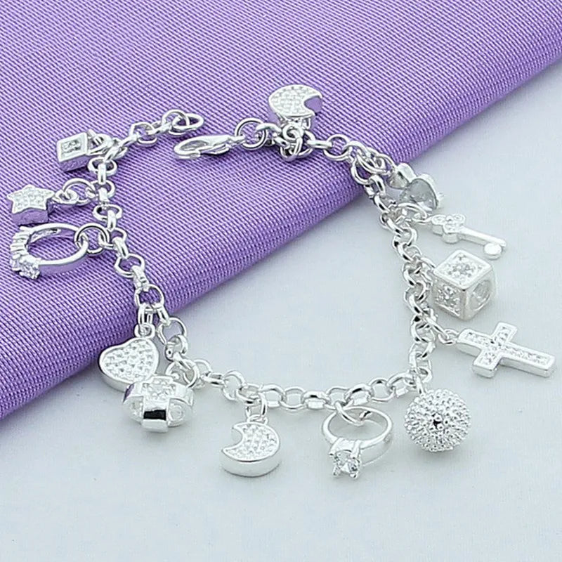 925 Sterling Silver Moon Heart Lock Cross Bracelet Charm