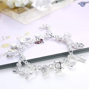 925 Silver Moon Heart Lock Cross Bracelet Wedding Engagement Jewelry