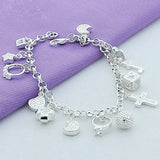 925 Silver Moon Heart Lock Cross Bracelet Wedding Engagement Jewelry
