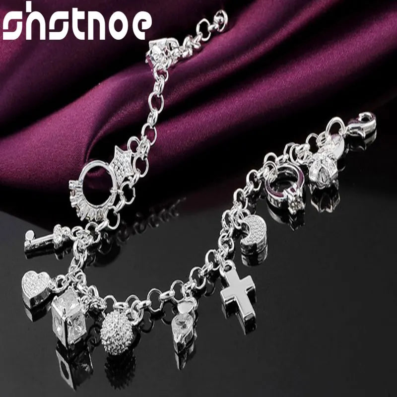 925 Silver Moon Heart Lock Cross Bracelet Women Wedding Jewelry