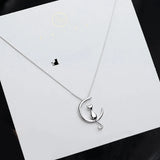 Sterling Silver Moon Kitten Charm Necklace Women Gift Animals Chain Jewelry