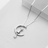 Sterling Silver Moon Kitten Charm Necklace Women Gift Animals Chain Jewelry