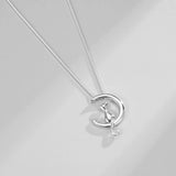 Sterling Silver Moon Kitten Charm Necklace Women Gift Animals Chain Jewelry