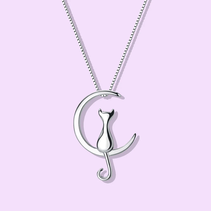 Sterling Silver Moon Kitten Charm Necklace Women Gift Animals Chain Jewelry