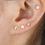 925 Silver Moon Star Zircon Earring Set of 3 Mini Stud CZ Women Jewelry