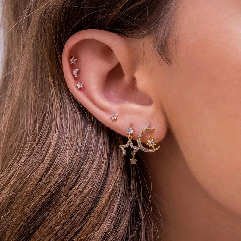 925 Silver Moon Star Zircon Earring Set of 3 Mini Stud CZ Women Jewelry