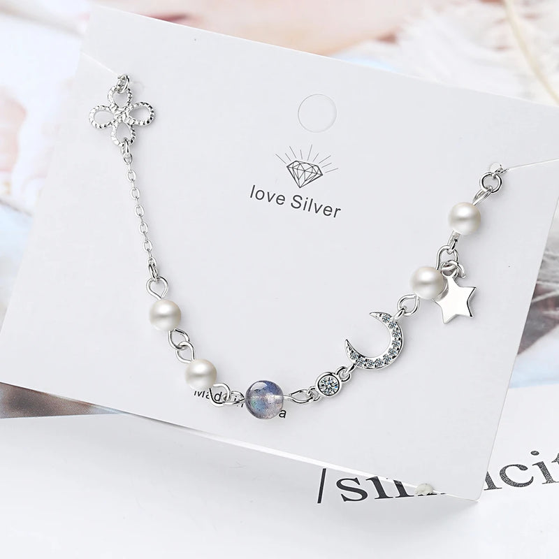 925 Silver Moon Star Pearl Charms Bracelet Zircon