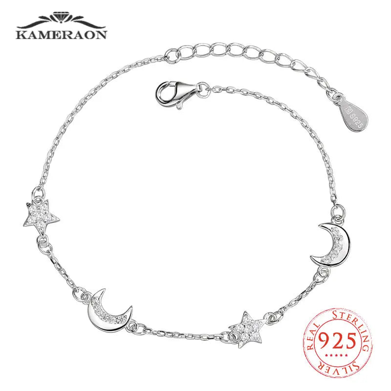 925 Silver Moon Star Zircon Charm Bracelet for Women