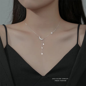 925 Silver Moon Star Tassel Necklace Zircon Choker Wedding Jewelry