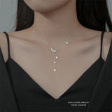 925 Silver Moon Star Tassel Necklace Zircon Choker Wedding Jewelry