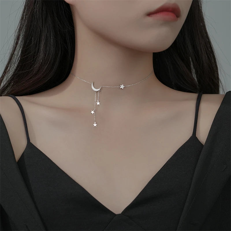 925 Silver Moon Star Tassel Necklace Zircon Choker Wedding Jewelry