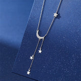 925 Silver Moon Star Tassel Necklace Zircon Choker Wedding Jewelry