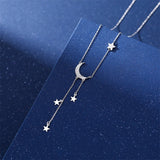 925 Silver Moon Star Tassel Necklace Zircon Choker Wedding Jewelry