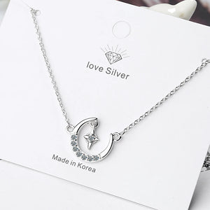 925 Silver Moon Stars Charm Pendant Necklace for Women