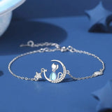 925 Silver Moon Stone Cat Chain Bracelet Women Dainty Fine Jewelry