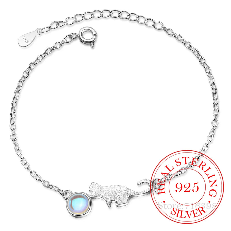 925 Silver Moon Stone Cat Charm Bracelet for Women