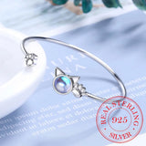 925 Silver Moonstone Cat Ear Bangle Bracelet Pet Paw Footprint Bangle