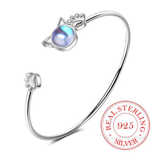 925 Silver Moonstone Cat Ear Bangle Bracelet Pet Paw Footprint Bangle