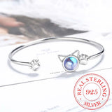 925 Silver Moonstone Cat Ear Bangle Bracelet Pet Paw Footprint Bangle