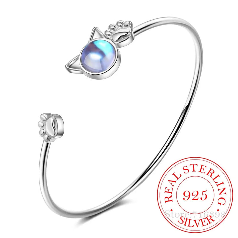 925 Silver Moonstone Cat Ear Bangle Bracelet Pet Paw Footprint Bangle