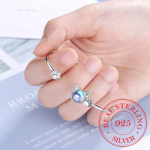 925 Silver Moonstone Cat Ear Bangle Bracelet Pet Paw Footprint Bangle
