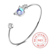 925 Silver Moonstone Cat Ear Bangle Bracelet Pet Paw Footprint Bangle