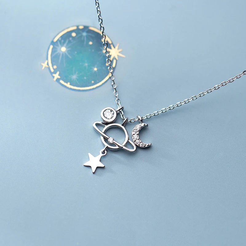 925 Silver Moonstone Chain Choker Necklace Women Star Jewelry Gift