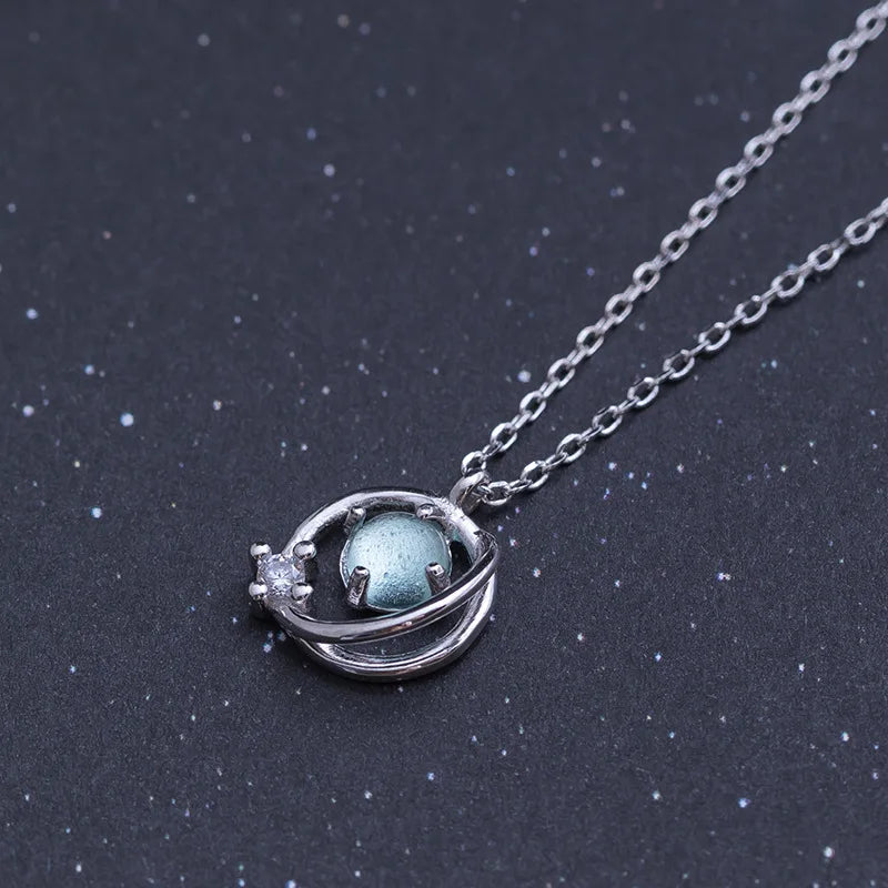 925 Silver Moonstone Planet Key Necklace for Women